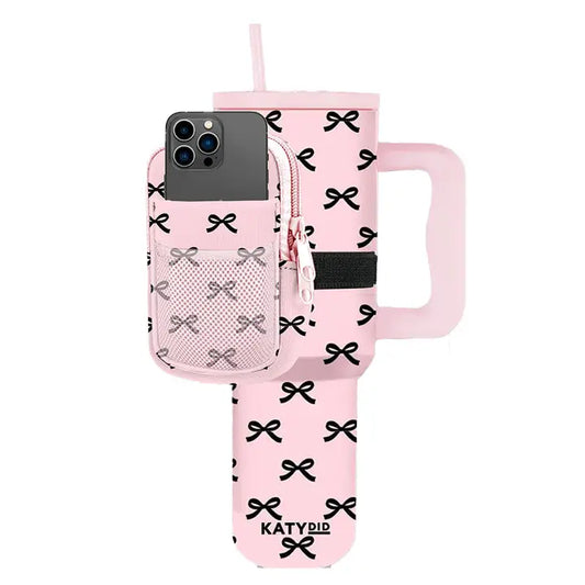 Tumbler Zipper Pouch Pink with Black Bows