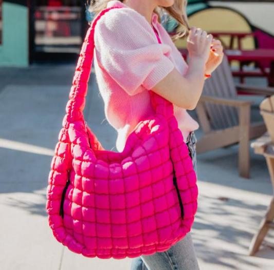 Quilted Oversized Hobo Tote Bag Hot Pink