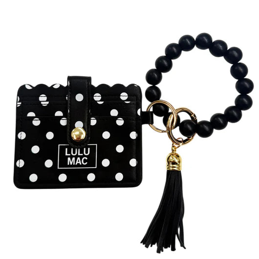 Beaded Wristlet Black ID Wallet White Dots