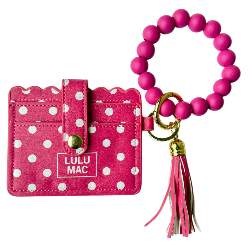 Beaded Wristlet Hot Pink ID Wallet White Dots