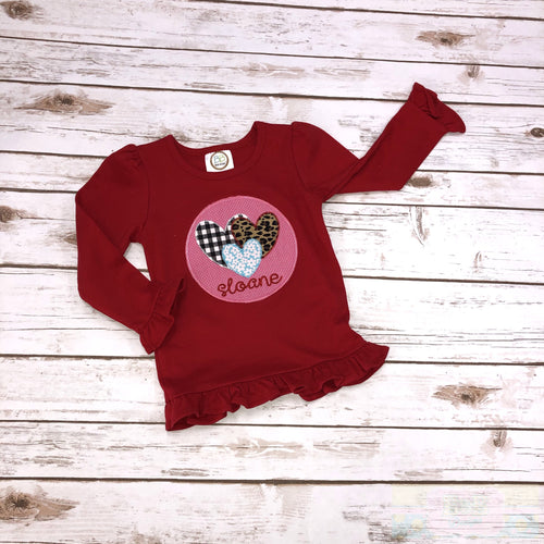 Multi Hearts Long Sleeve Ruffle Toddler Shirt
