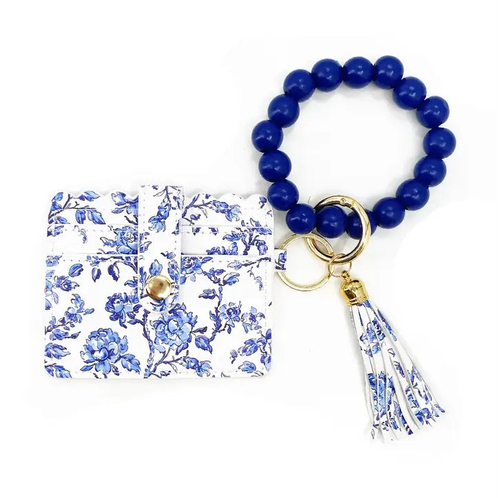 Beaded Floral Wristlet ID Wallet Blue Floral