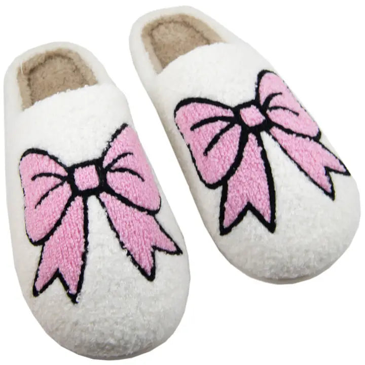 Fuzzy Slippers Bows Light Pink
