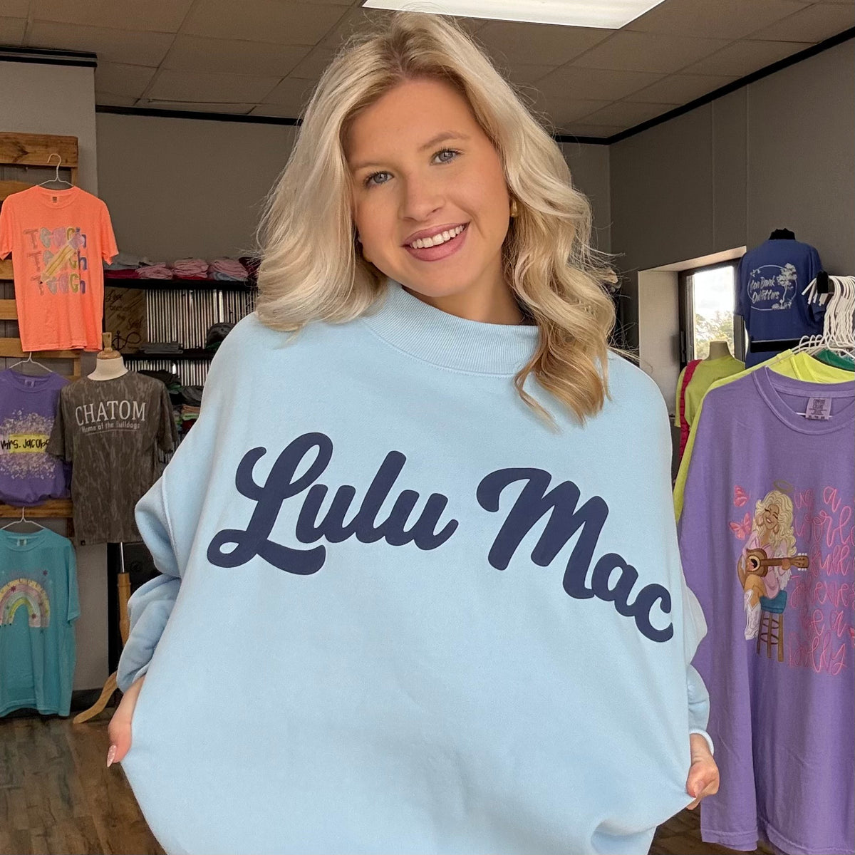 Lulu Mac Script Mockneck Blue/ Navy Puff