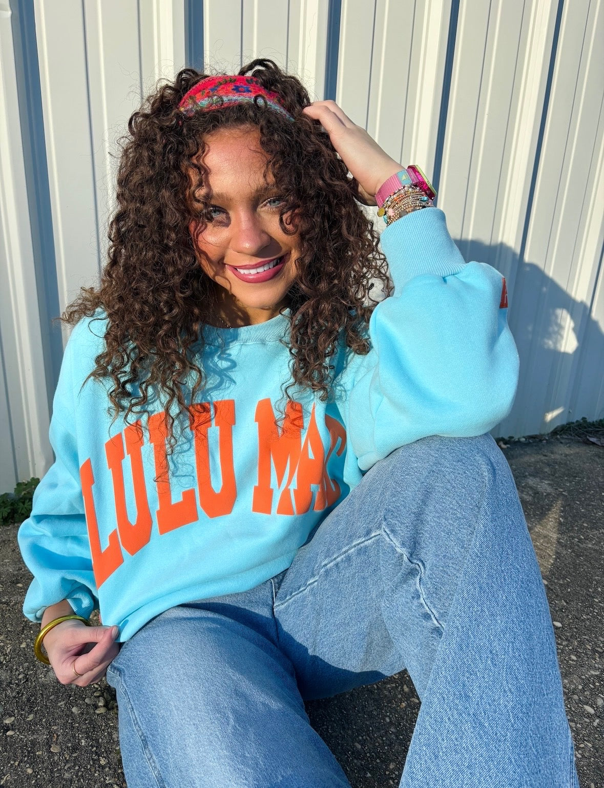 Lulu Mac Sweatshirt Blue with Coral Puff
