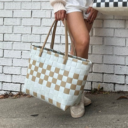 Abigail Basketweave Tan & White Tote w/ Vegan Leather Straps