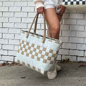 Abigail Basketweave Tan & White Tote w/ Vegan Leather Straps