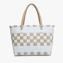 Load image into Gallery viewer, Abigail Basketweave Tan &amp; White Tote w/ Vegan Leather Straps