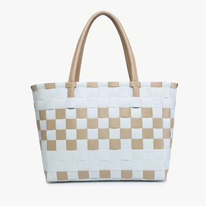 Abigail Basketweave Tan & White Tote w/ Vegan Leather Straps
