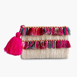 Faith Printed Beige & Pink Cotton Pouch w/Fringe