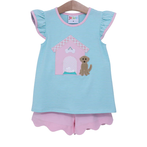 Dog House Applique Flutter Girl Short Set Jellybean