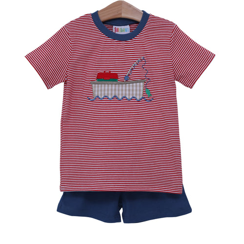 Fishing Boat Applique Short Set Jellybean