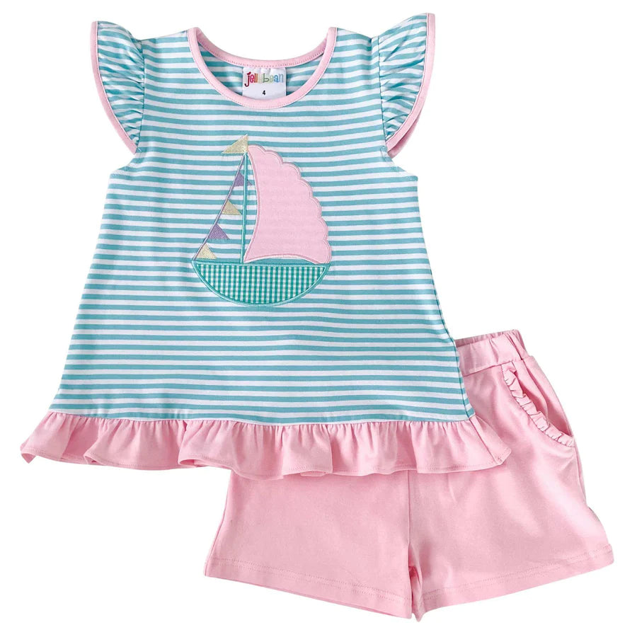 Sailboat Applique Flutter Girl Short Set Jellybean