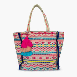 Marguerite Aztec Print Cotton Tote w/ Triple Tassels