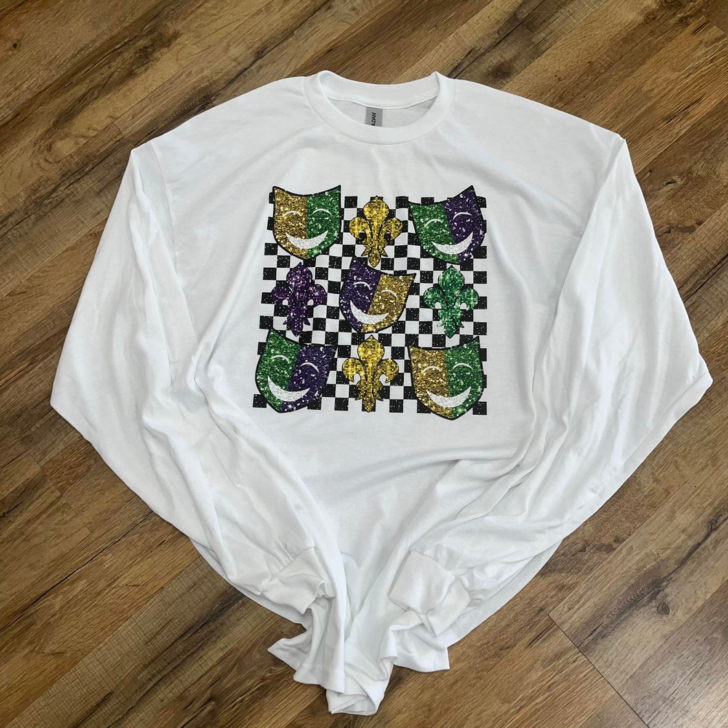 New Orleans and Mask Checker Board Mardi Gras Shirt