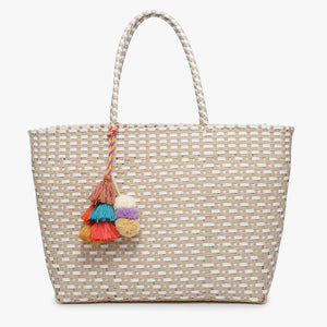 Shelby Large Handwoven Tote w/ Pom-Poms