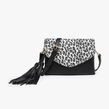 Load image into Gallery viewer, Sloane Flapover Black Grey Leopard Crossbody w/ Whipstitch and Tassel