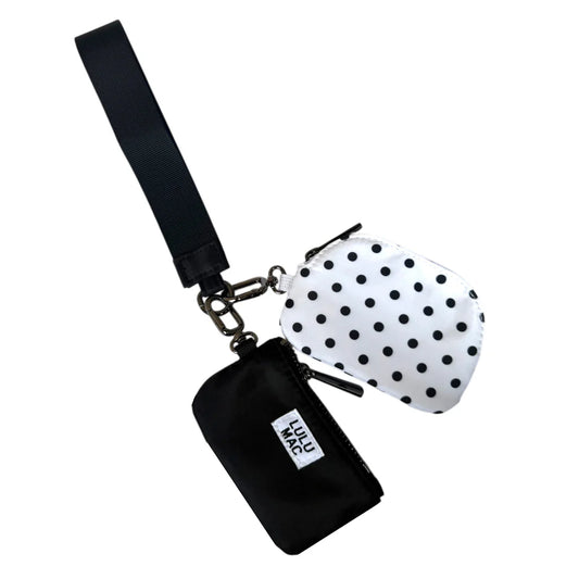 Lulu Mac Double Pouch Wristlet White/ Black Dots
