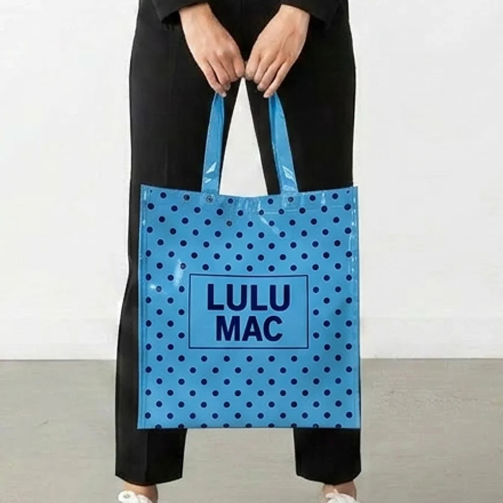 Lulu Mac Reusable Tote Light Blue Dark Blue Dot