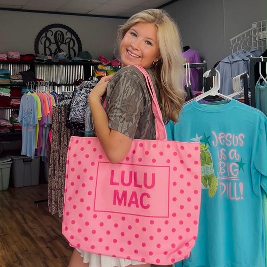 Lulu Mac Canvas Tote Light Pink Hot Pink Dot