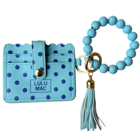Beaded Wristlet Blue ID Wallet White Navy Dots