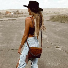 Load image into Gallery viewer, Sloane Flapover Mauve Crossbody w/ Whipstitch and Tassel