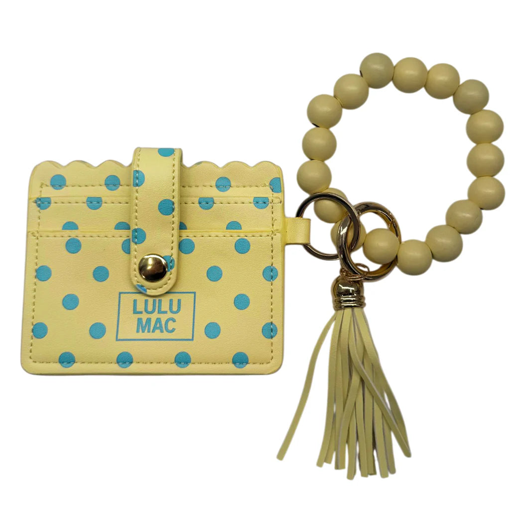 Beaded Wristlet Yellow ID Wallet Blue Dots