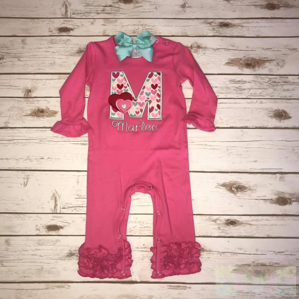 Initial Hearts Long Sleeve Ruffle Valentine's Day Romper