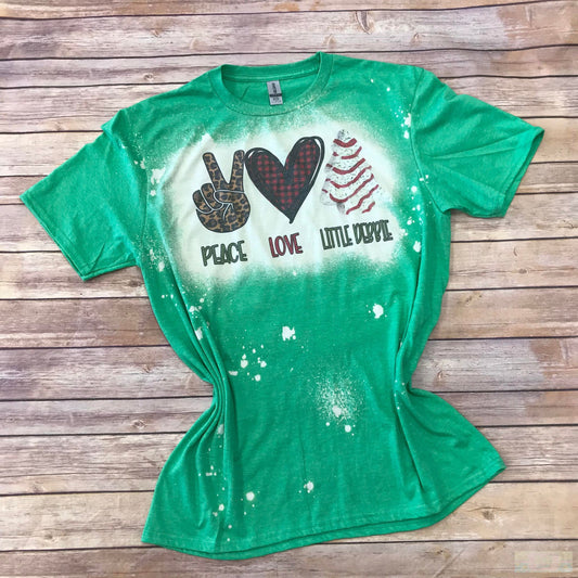 Peace, Love, Little Debbie Christmas Tree Cake Short Sleeve Bleached T-Shirt