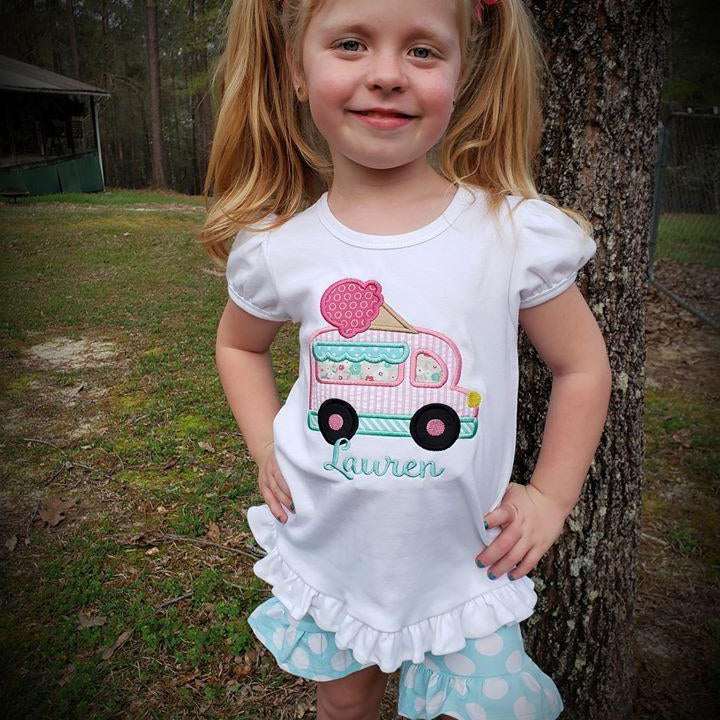 Ice Cream Truck Short Sleeve Ruffle Toddler Tee with matching shorts