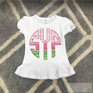 Watermelon Initials Short Sleeve Ruffled T-Shirt