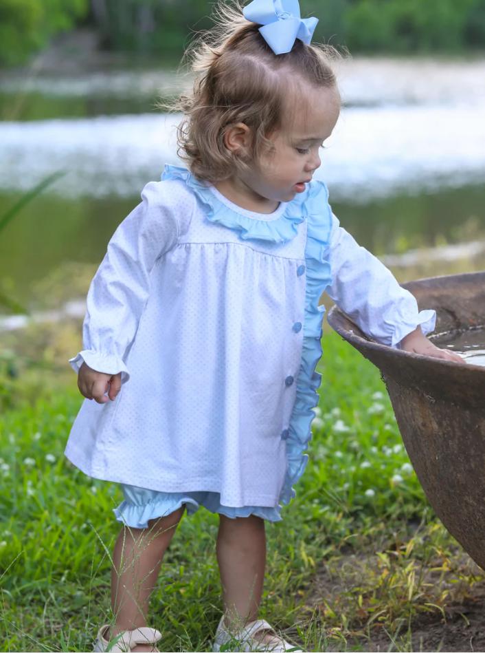 Clara Ruffled Bloomer set Light blue Bitty Dot