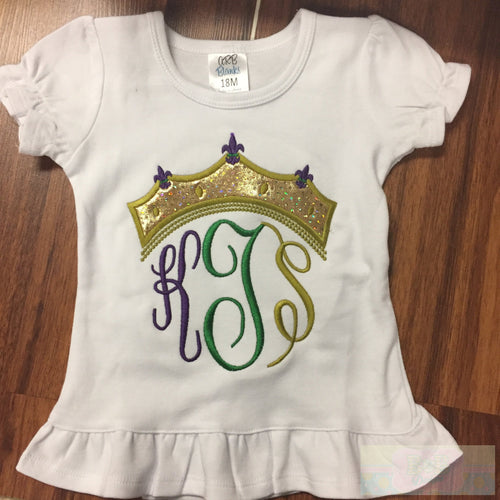 Mardi Gras Monogram Crown Short Sleeve Ruffle Toddler Shirt