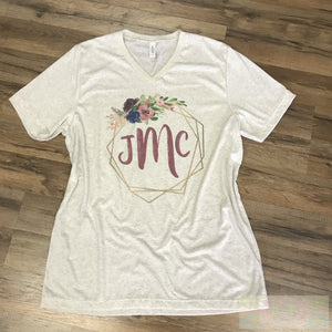 Modern Floral Monogram Short Sleeve V-neck T-Shirt