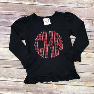 Buffalo Check Monogram Ruffle Long Sleeve Toddler Shirt