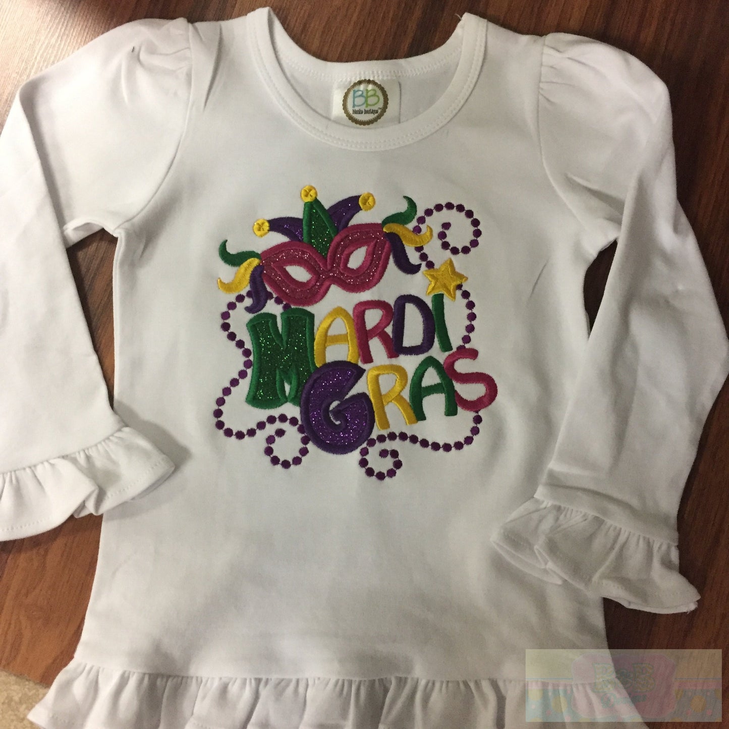 Mardi Gras Mask Long Sleeve Ruffle Toddler Shirt