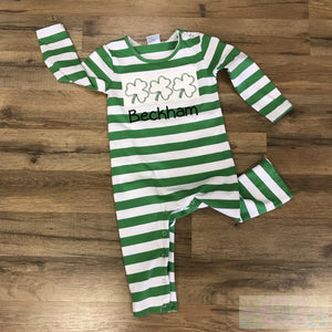 Striped Shamrock Trio Long Sleeve Romper