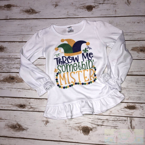 Throw Me Something, Mister Mardi Gras Long Sleeve Ruffle Toddler Tee