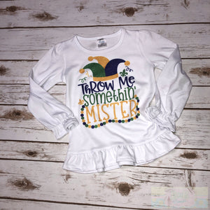 Throw Me Something, Mister Mardi Gras Long Sleeve Ruffle Toddler Tee