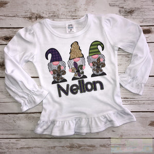 Mardi Gras Gnomes Long Sleeve Ruffle Toddler Tee