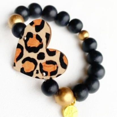 Leopard Heart Focal Bead Beaded Bracelet