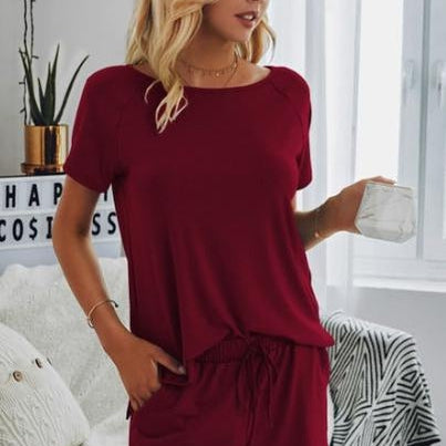 2 Piece Pajama Set Shorts with Short Sleeve Top Wine